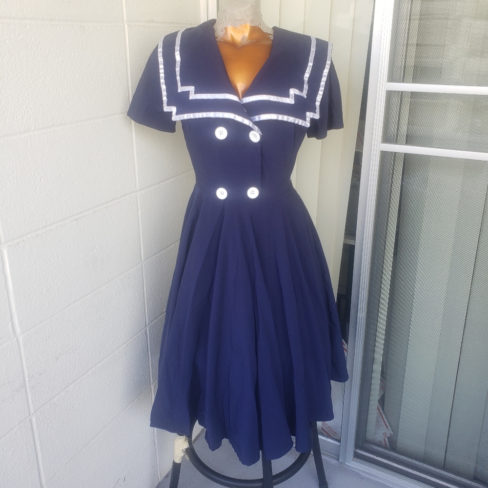 Queen of Holloway vintage nautical navy dress circle skirt dress M